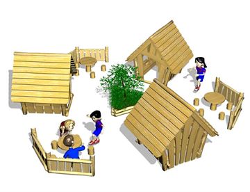 Troldelandsby med 3 Troldebo legehuse, hegn og små borde og skamler - robinia træ 