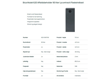 Specifikationer 623 Bica affaldsbeholder m. enkelt rundt flaskeindkast, 90L.