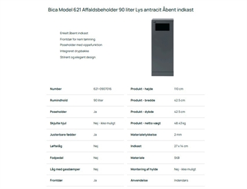 Specifikationer 621 Bica affaldsbeholder m. enkelt åbent indkast, 90L.