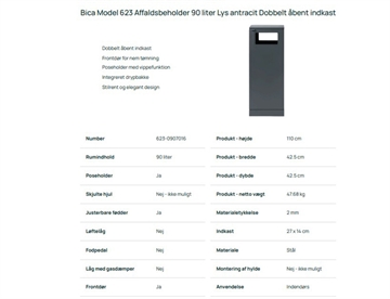 Specifikationer 623 Bica affaldsbeholder m. dobbelt åbent indkast, 90L.