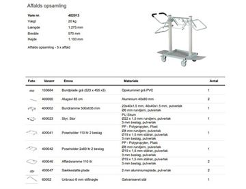 Specifikationer - Sorteringsvogn - Affaldsvogn til Kildesortering