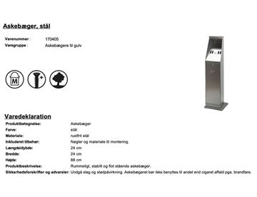 Askebæger i stål - Specifikationer