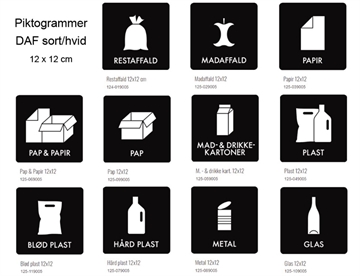 Sort/hvide piktogrammer (12x12 cm) fra Dansk Affaldsforening (DAF)