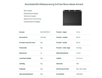 Specifikationer 830 Bica affaldsbeholder, 3x10 liter