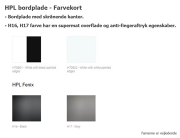 Farvekort HPL laminat bordplade - Standard HPL og HPL Fenix m. antifingeraftryk egenskab