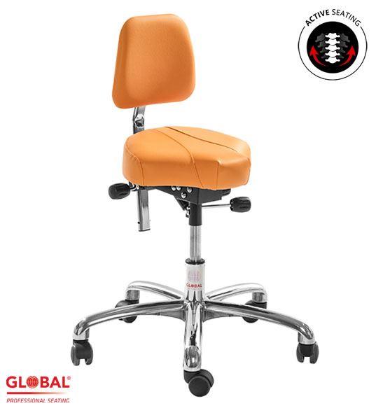 Gamma saddelstol med ryglæn og cykelsadel-sæde - blød og behagelig behandlerstol/klinikstol