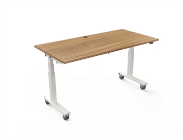 Hæve sænkebord m. flip-top bordplade - Elevationsbordet er her med hvidt stel og valnød melamin bordplade