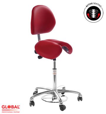 Jolly saddelstol med ryglæn, V-skåret sadelfront og fodudløst gas - Klinikstol / arbejdsstol