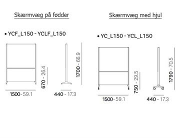 Mål - Ypsilon Connect L150 fritstående skærmvæg med hjul eller fødder