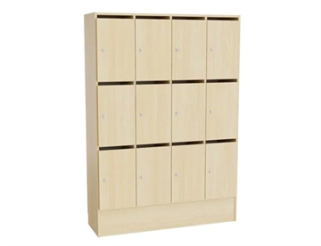 Mora personaleskab / locker, 12 rum m. brevindkast og lås - Her med birk kabinet og birk låger