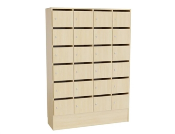 Mora personaleskab / locker m. 24 rum m. brevindkast og lås - Her med birk kabinet og birk låger