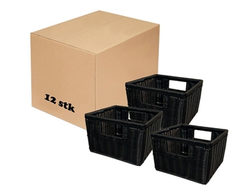 Kasse med 12 stk. kurve i sort plast. God til opbevaring i børnegarderober mv.