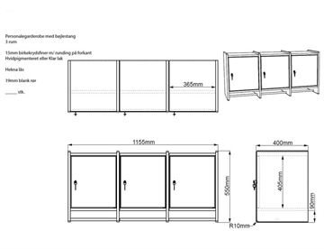 Mål personaleskab med bøjlestang - 3 rum - Væghængt