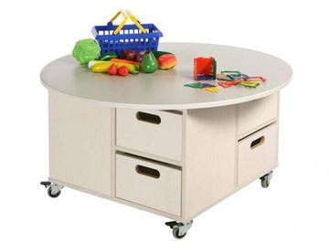 Legebord med rund bordplade, hjul og opbevaringskasser
