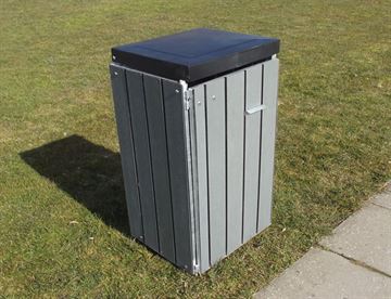 Skraldespand i grå genbrugsplast og sort låg, 110 L, model Universal