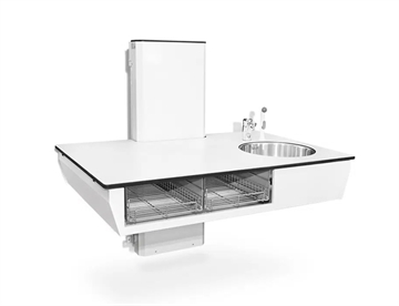 Lavtgående Deluxe puslebord m. trådkurve, vask og armatur - her som væghængt, men fås også som fritstående
