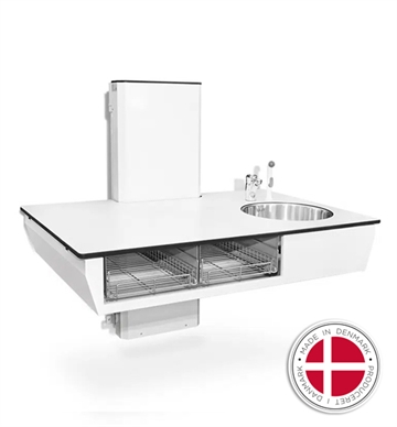 Lavtgående Deluxe hæve-sænke puslebord m. opbevaring, vask og armatur, fristående el. væghængt - Dansk produceret
