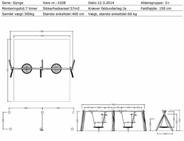Mål og specifikationer - Robinia Dobbelt Gyngestativ m. 2 sansegynger Ø120 cm.                  