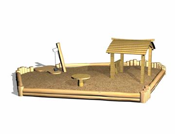 Robinia sandkasse m. legehus, sandbord, sandkran og gulv - Sjovt sandkassemiljø til legepladsen / naturlegepladsen