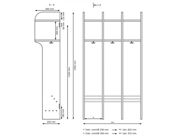 SFO- og skolegarderobe uden bænk - mål 3 sektioner