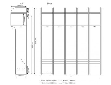 SFO- og skolegarderobe uden bænk - mål 5 sektioner