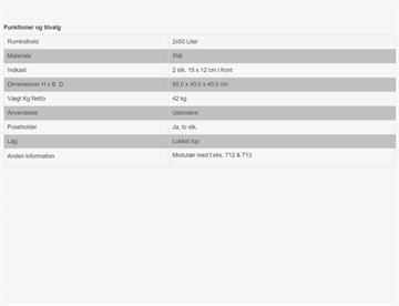 Specifikationer (721) - Udendørs affaldssystem, 2x50 L.