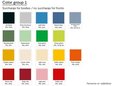Farvekort stål gruppe 1 - Valgfri farver til låger. Ekstra gebyr for Kabinet farve fra denne gruppe 1