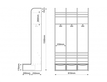 Troldegarderobe m. bænk og skuffe - 3 sektioner - Mål