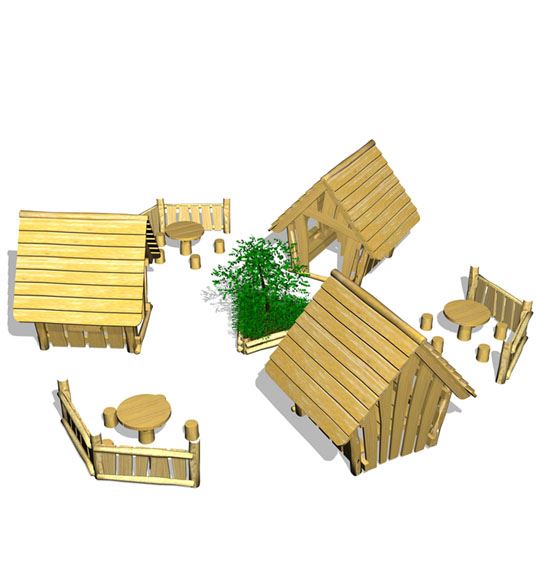 Troldelandsby med 3 Troldebo legehuse, hegn mv. Troldehuse i FSC-certificeret Robinia